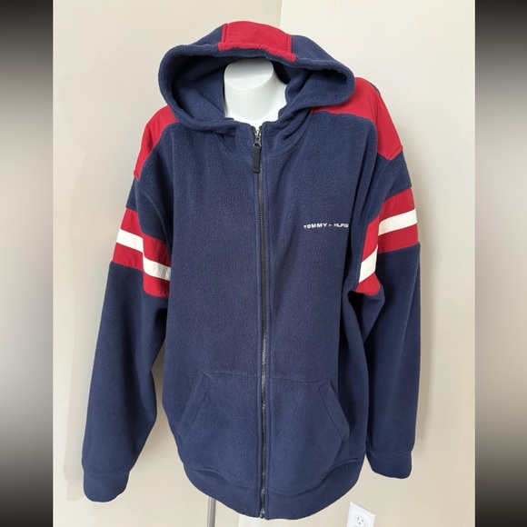 Tommy Hilfiger Logo Mens Sz XXL Vintage 2004 Y2K Zip-Up Hooded Fleece Jacket - Picture 1 of 13